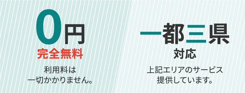 0円完全無料、利用料はかかりません|一都三県対応、上記エリアのサービスに対応しています。