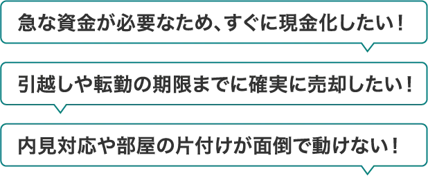 急な資金が必要なため、すぐに現金化したい!|引越しや転勤の期限までに確実に売却したい!|内見対応や部屋の片付けが面倒で動けない!