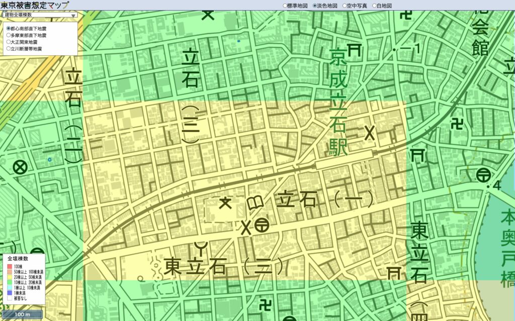 東京被害想定マップの都心南部直下地震における全壊棟数