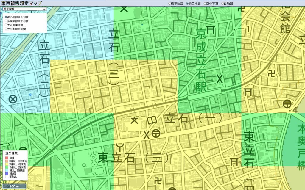 東京被害想定マップの都心南部直下地震における焼失棟数