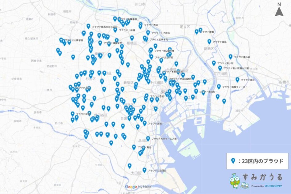 23区のプラウド所在地（2025年10月マンションナビ調べ）
