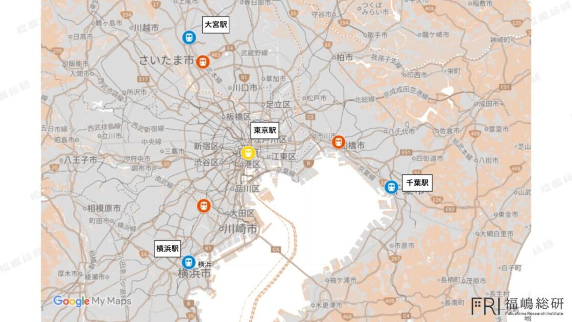 東京駅から30~40分圏に位置する横浜駅(神奈川県)、大宮駅(埼玉県)、千葉駅(千葉県)を表す地図