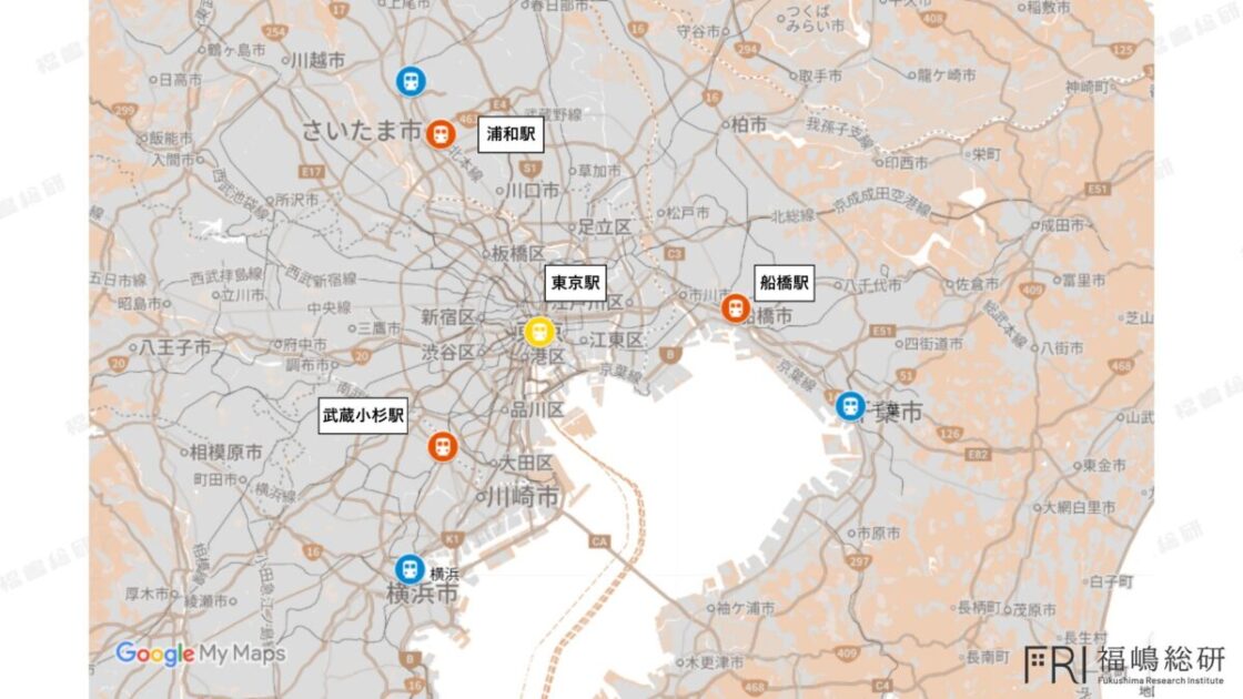 東京駅から20~30分圏に位置する武蔵小杉駅(神奈川県)、浦和駅(埼玉県)、船橋駅(千葉県)を表す地図