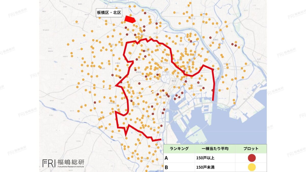 東京23区における大規模マンション開発（150戸以上）の分布図