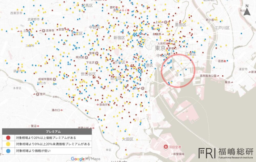 図2：対象マンションプロット図_東京都湾岸エリア（福嶋総研調べ）