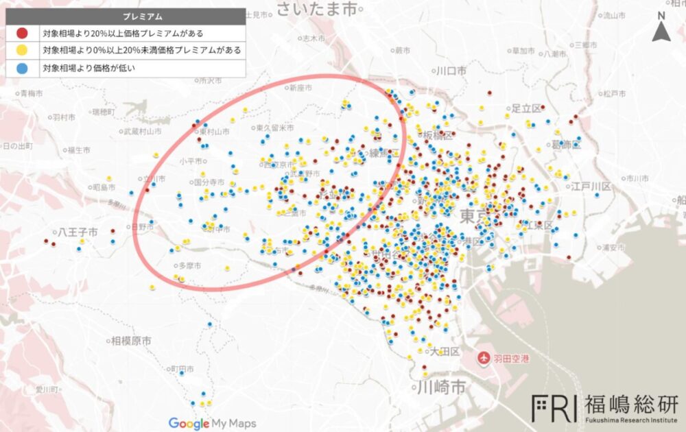図1：対象マンションプロット図_東京都の郊外マンション（福嶋総研調べ）