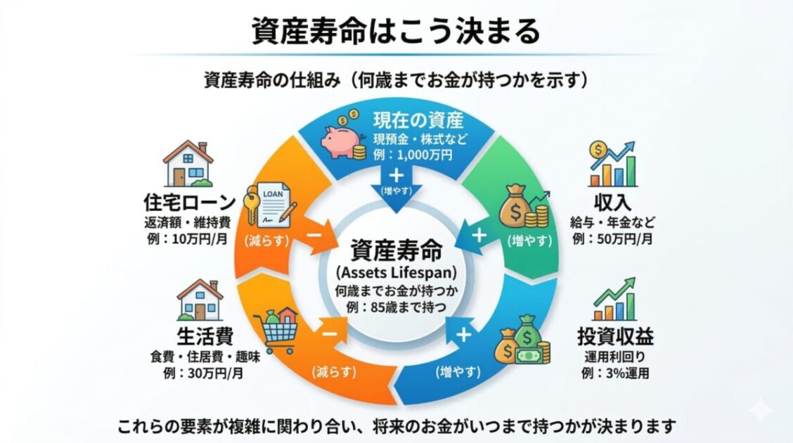 資産寿命の仕組みを示した図（資産・収入・投資収益・生活費・住宅ローンが影響）
title：資産寿命はこう決まる