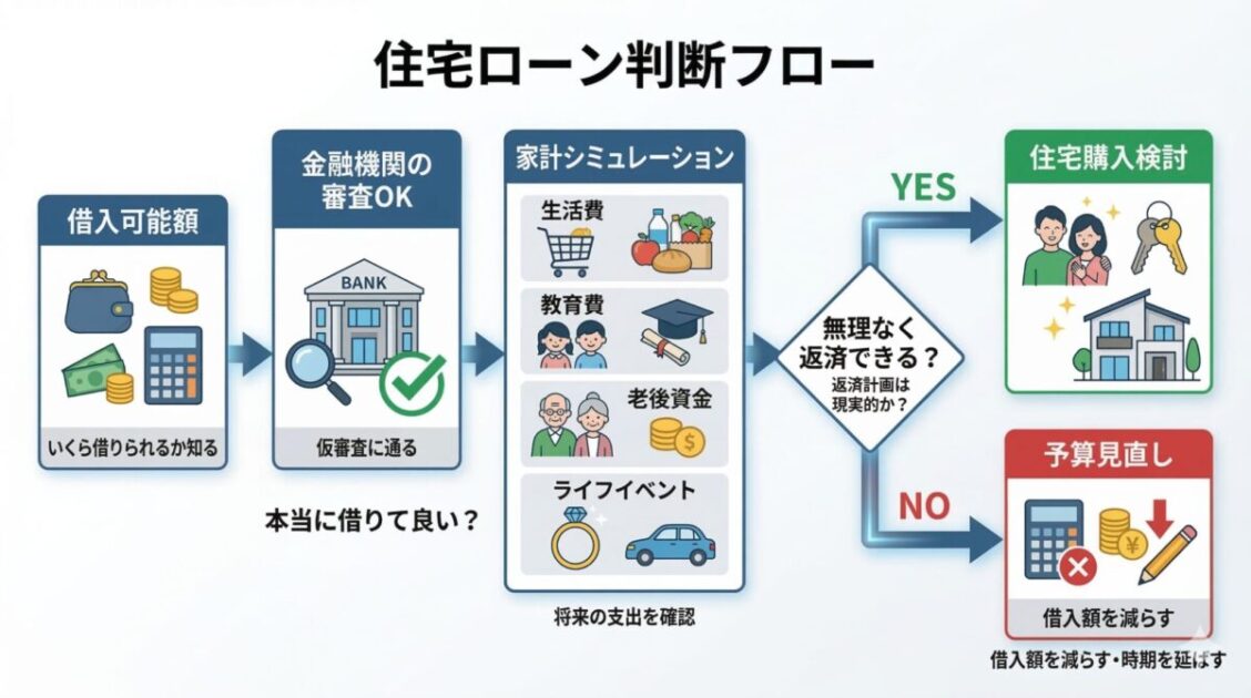 住宅ローン判断フロー図（借入可能額から家計シミュレーションを行い返済可能か判断）
title：住宅ローン判断フロー