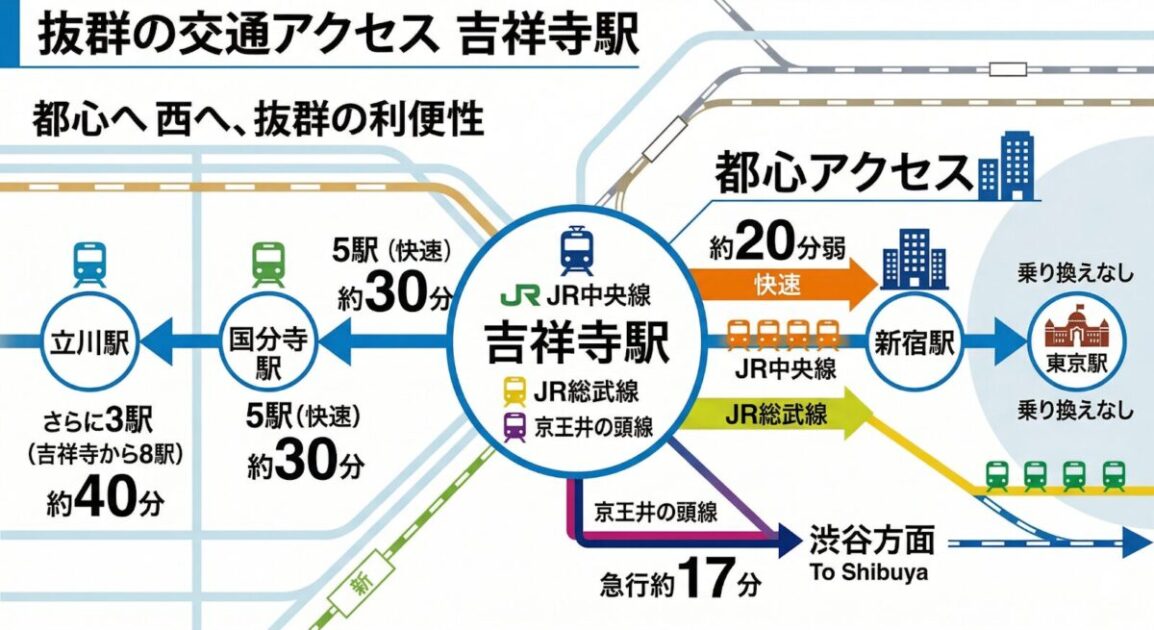 画像2:吉祥寺駅を中心にみた交通アクセス(すみかうる調べ)