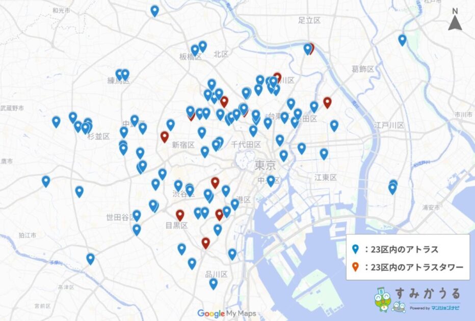図1：23区内のアトラスマンション所在地（2026年6月マンションナビ調べ）
